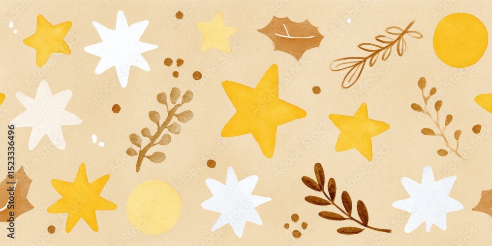 Poster pattern of various leaf and star shapes in muted colors on textured paper background.