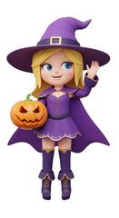 3d Illustration Cute Halloween Witch with Pumpkin Wearing Purple Hat