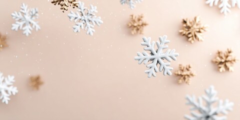 Close-up of white snowflake decorations on a textured wall with soft lighting, ideal for winter themes.