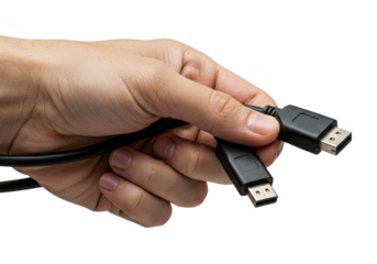 Hand Holding Three Black USB Cables with Transparent Background