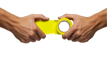 Hands Holding Yellow Adhesive Tape Roll In Isolated Transparent Background