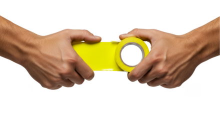 Hands Holding Yellow Adhesive Tape Roll In Isolated Transparent Background