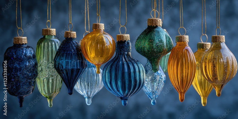 Poster close-up of clear glass ornaments hanging on a string with soft natural light and blurred background