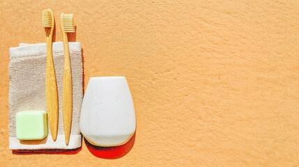 Naklejka premium Generative AI, Minimal toothbrush set with aqua soap and towel