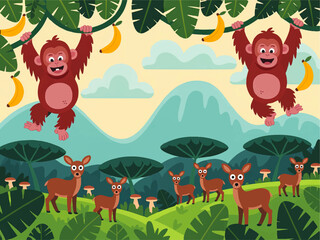 Cute Cartoon Jungle Scene with Playful Monkeys Hanging on Vines and Deer Herd in Vibrant Tropical Forest with Bananas