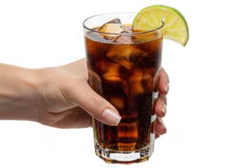 Illustration Hand Holding Glass of Cola with Ice and Lemon Slice
