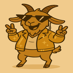Obraz premium A cartoon goat wearing triangle sunglasses and a shiny gold jacket, flashing peace signs with both hands. The style is unique, silly, and playful with a plain background.
