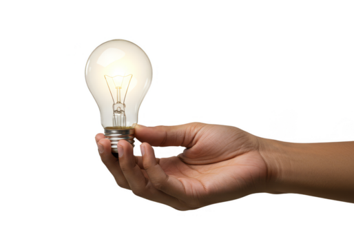 Illustration Hand Holding Glowing Lightbulb Idea Concept on Transparent - Powered by Adobe