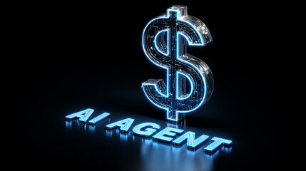 Obraz premium Glowing blue hologram dollar sign icon with text AI AGENT on black background creates futuristic and innovative atmosphere