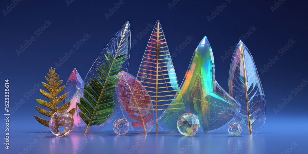 Poster multi-colored glass objects arranged in a row on a white background, showcasing vibrant colors and r