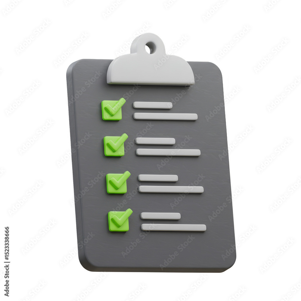 Poster 3d render of checklist clipboard with green check marks on transparent