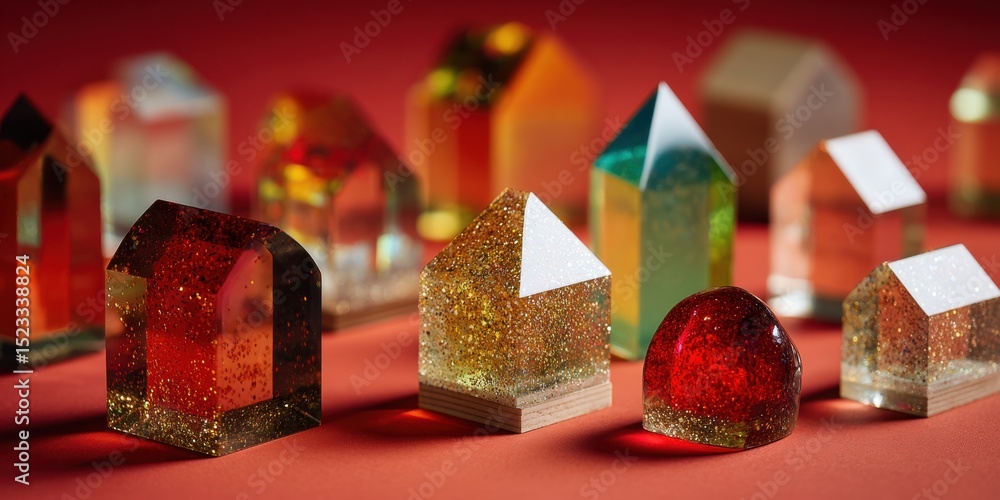 Poster multiple clear crystal pieces arranged in a row on a vibrant red surface with soft lighting.