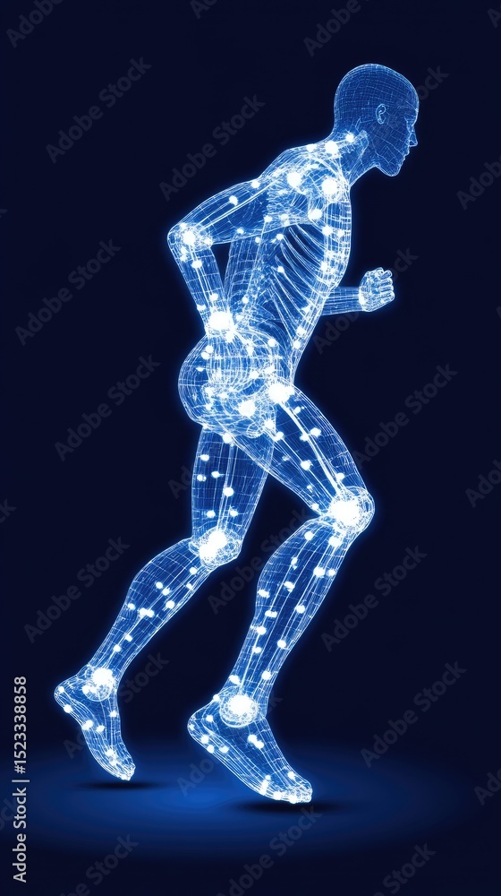 Poster running figure with a highlighted skeletal and joint system in blue