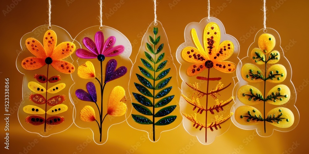 Poster four colorful paper flowers hanging on strings against a bright yellow background in soft daylight.