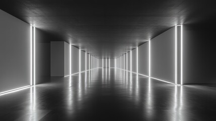 Illuminated corridor with polished floor creates a captivating spatial experience and exudes a sense of futuristic elegance showcasing clean lines and light play