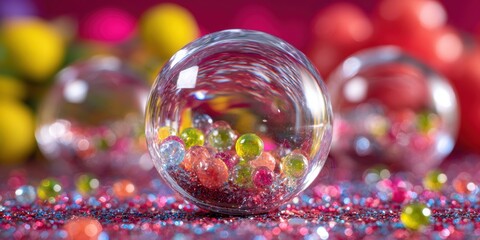 Clear glass ball filled with colorful beads on wooden table, bright natural light, minimalistic background.