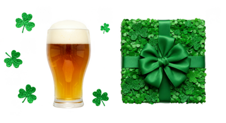 Illustration of Beer with Green Gift and Shamrocks for St Patrick's Day