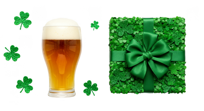 Illustration of Beer with Green Gift and Shamrocks for St Patrick's Day