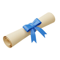 3D Rendering Certificate Diploma Scroll with Blue Ribbon on Background