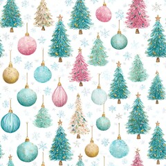 seamless watercolor pattern of pastel Christmas trees, vintage baubles, and snowflakes, elegant festive style on white background