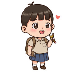Illustration of Cheerful Asian Schoolboy with Backpack holding Pencils