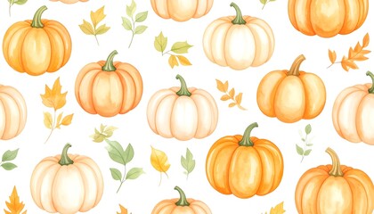 Autumn Watercolor Pattern with Pumpkins and Leaves.backgrounds, colors, creativity, falling, no people, paint, photography, sketch, textured, color image, copy space, fashionable, 