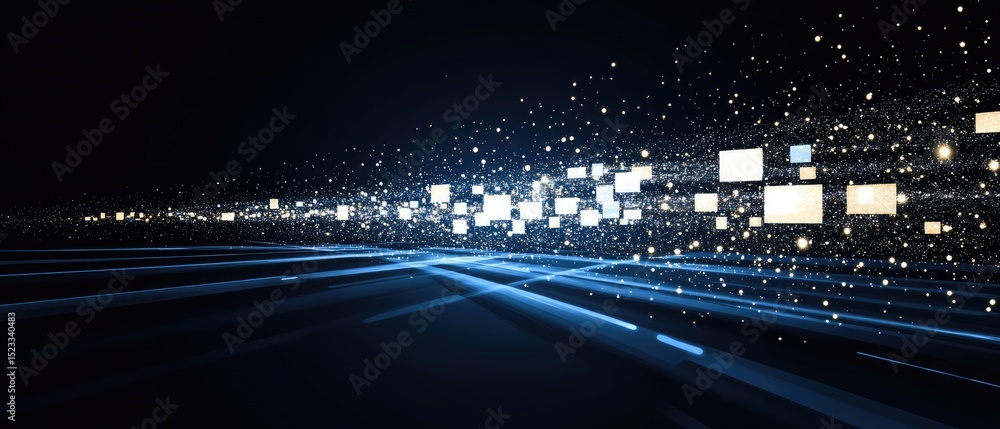 Aufkleber glowing blue lines intersect with illuminated squares on a dark background