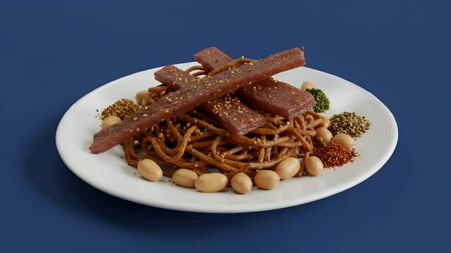 Beef jerky with noodles and peanuts appetizer