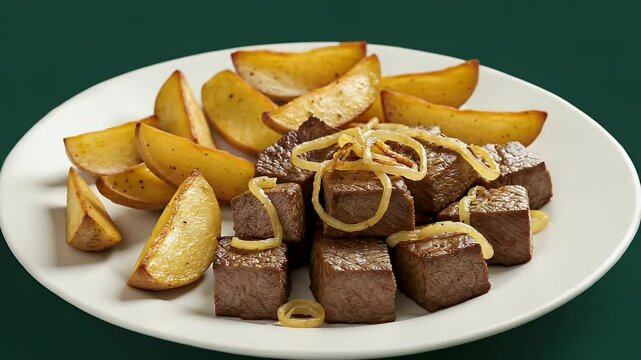 Beef cubes with potatoes on plate