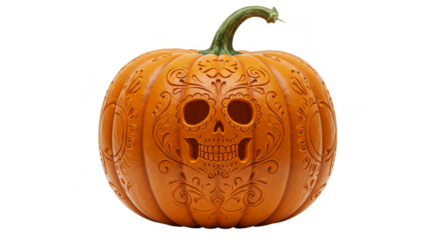 Illustration of Festive Orange Carved Halloween Pumpkin with Skull Design
