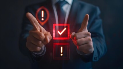Businessman Selecting Red Check Mark Icon Between Exclamation Points - Concept for Approval, Decision Making, and Confirmation