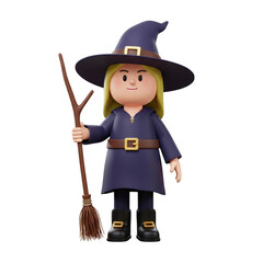3D Cartoon of A Charming Witch Character With Broom and Pointed Hat