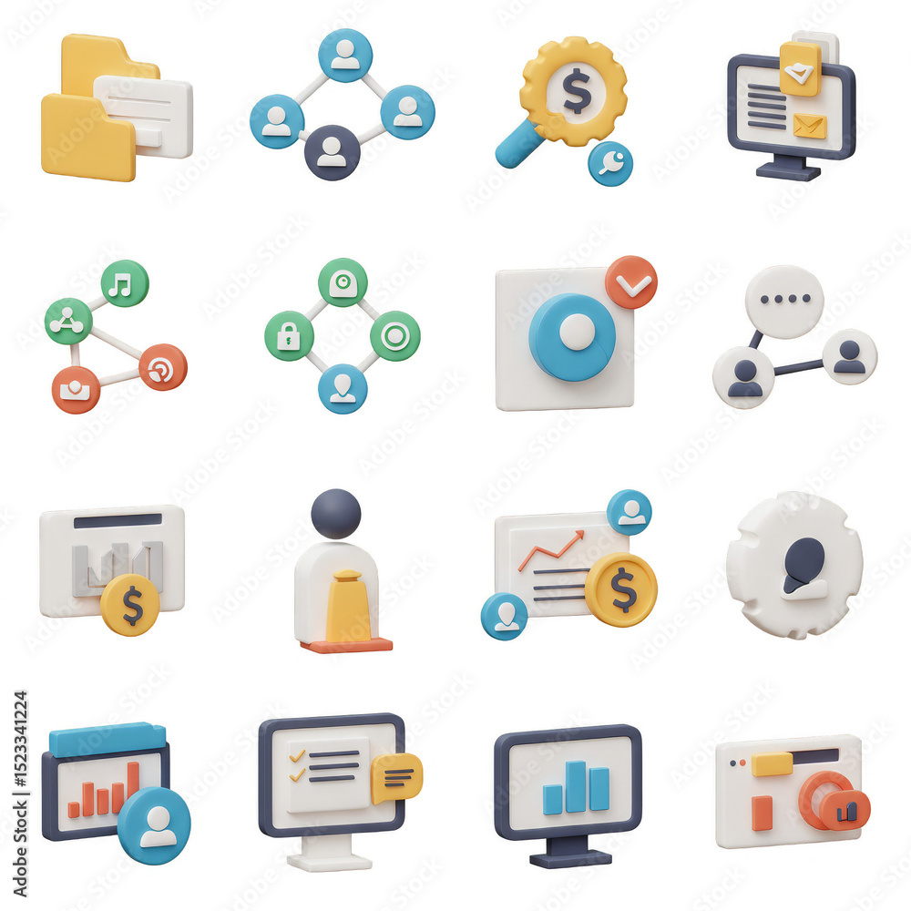 Aufkleber 3d icon set business graph magnifier computer dollar diagram with transparent