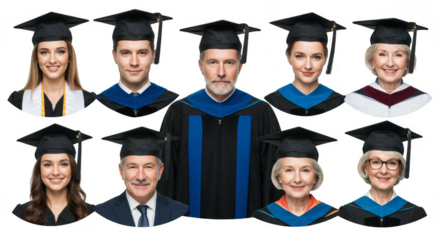 Group of Diverse Graduates in Academic Regalia on Transparent Background