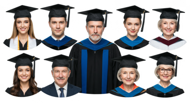Group of Diverse Graduates in Academic Regalia on Transparent Background