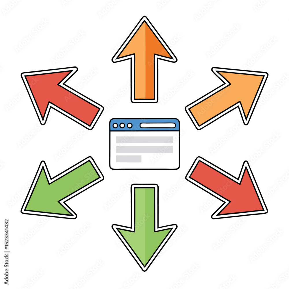 Poster website navigation and information flow representation with colorful arrows pointing outwards