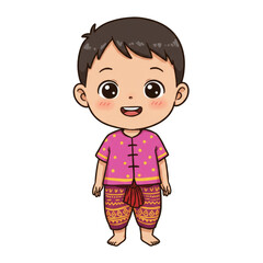 Illustration Of Happy Boy in Traditional Thai Outfit With Patterned Clothes