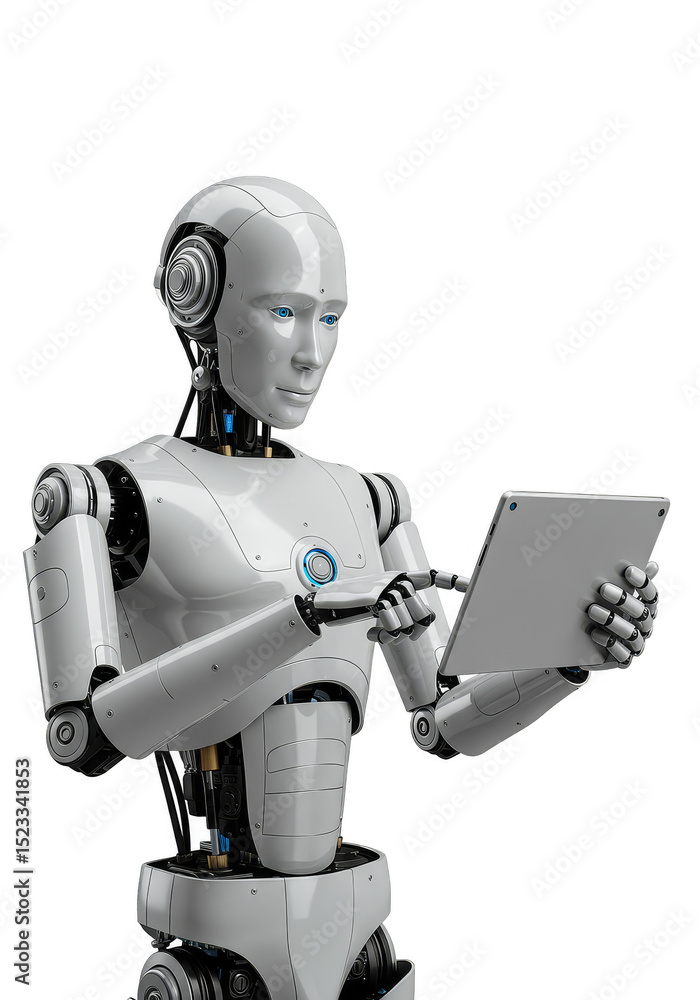 Poster 3d illustration of android robot using digital tablet on transparent bg