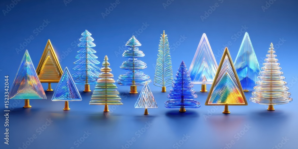 Poster close-up of translucent glass trees arranged on a smooth blue surface with soft lighting.