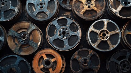 Obraz premium A captivating top-down view showcasing a collection of vintage film reels each carrying the aura of cinematic history their metallic bodies tinged with the hues of age and stories untold