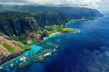 Obraz premium Aerial view of a coastal landscape with cliffs, crystal-clear ocean, and vibrant coral reefs showcasing natural beauty and tranquility