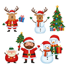 Christmas Illustration Set Featuring Reindeer Snowman Santa and Festive Tree