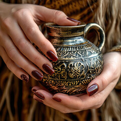 The woman placed the jug between her knees, holding it in her palms. Ethno style.
