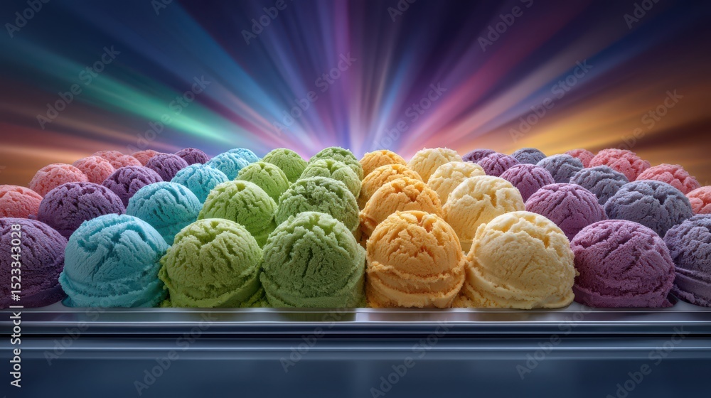 Poster a vibrant display of colorful ice cream scoops arranged in a gleaming tray illuminated by dramatic l