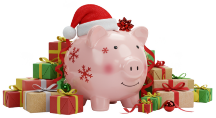 Illustration Festive Piggy Bank with Christmas Gifts on Transparent