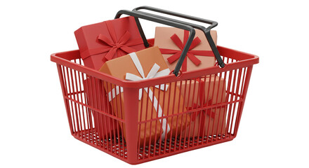 Fototapeta premium 3D Illustration of Red Shopping Basket Full of Gifts with Ribbons