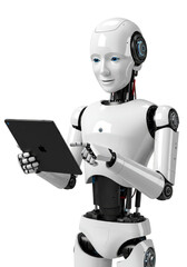 3D Illustration Of Robot Holding Tablet With Transparent Background