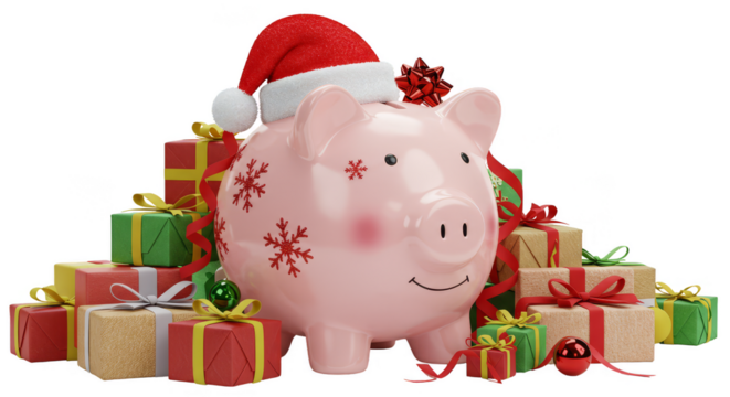 Illustration Festive Piggy Bank with Christmas Gifts on Transparent
