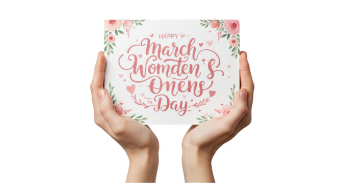 Illustration Holding Happy March Women's Day Card with Floral Design