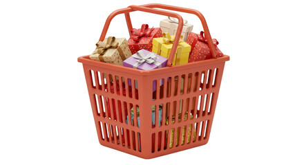 3d Rendered Shopping Basket Full of Presents Gifts Isolated on PNG
